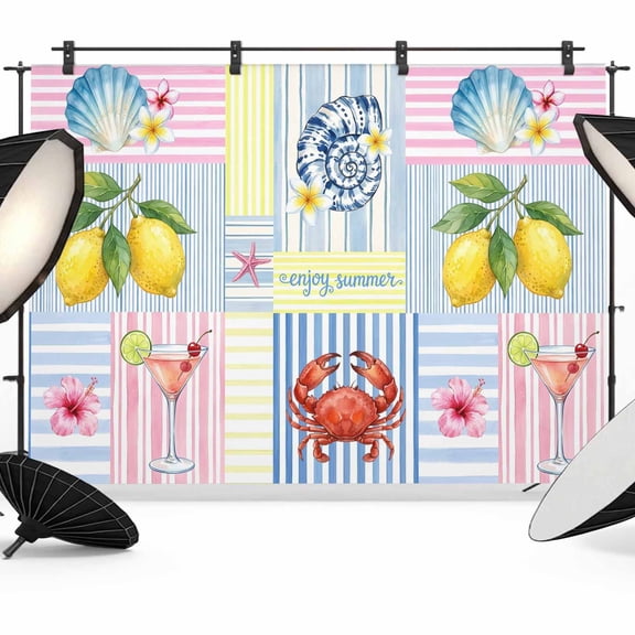 7x5ft Photo Backdrop, Summer Lemons Soft Polyester Backdrop Curtains Photography Backdrops, Coastal Nautical Shell Crab Pink Floral Brushed Background for Photoshoots Studio Video Portrait Parties