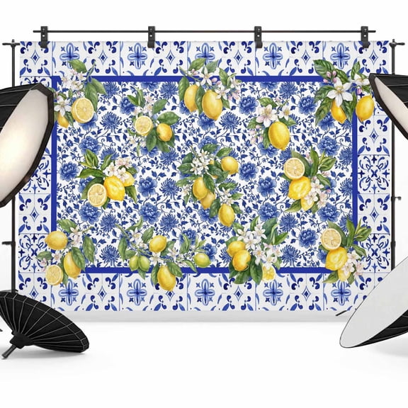 7x5ft Photo Backdrop, Summer Lemons Soft Polyester Backdrop Curtains Photography Backdrops, Watercolor Yellow Fruits Blue Flowers Brushed Background for Photoshoots Studio Video Portrait Parties