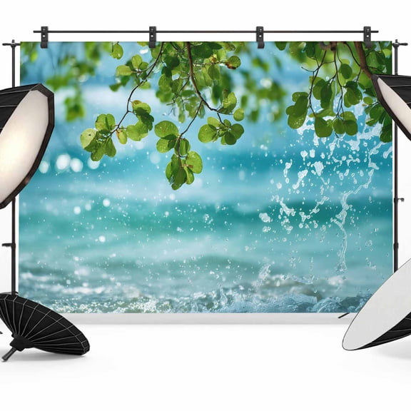 7x5ft Photo Backdrop, Summer Ocean Soft Polyester Backdrop Curtains Photography Backdrops, Nature Coastal Sea Waves Green Leaf Landscape Brushed Background for Photoshoots Studio Video Portrait Party
