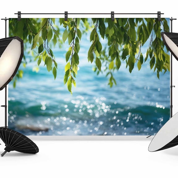 7x5ft Photo Backdrop, Summer Ocean Soft Polyester Backdrop Curtains Photography Backdrops, Nature Coastal Sea Waves Green Leaves Brushed Background for Photoshoots Studio Video Portrait Parties