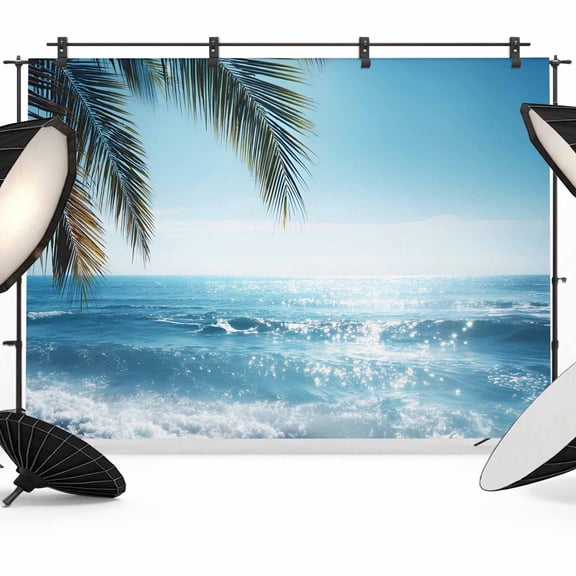 7x5ft Photo Backdrop, Summer Palm Tree Soft Polyester Backdrop Curtains Photography Backdrops, Coastal Beach Waves Sunshine Tropical Plants Brushed Background for Photoshoots Studio Video Portrait
