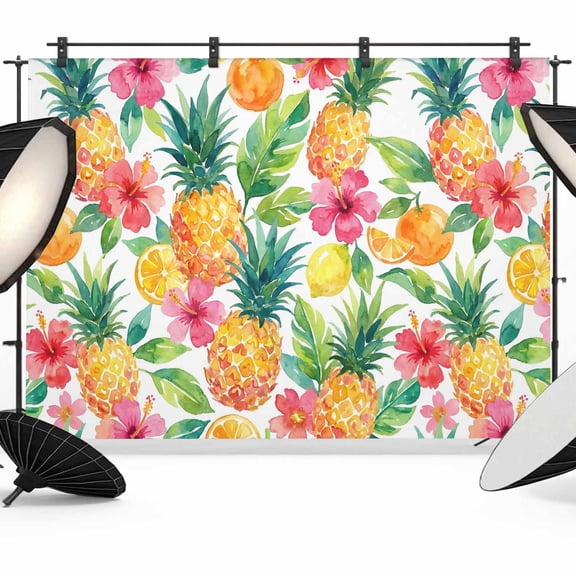7x5ft Photo Backdrop, Summer Pineapple Soft Polyester Backdrop Curtains Photography Backdrops, Tropical Fruits Lemon Watercolor Brushed Background for Photoshoots Studio Video Portrait Parties