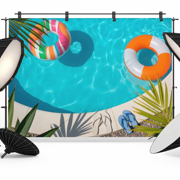 7x5ft Photo Backdrop, Summer Pool Soft Polyester Backdrop Curtains Photography Backdrops, Tropical Botanical Swimming Ring Brushed Background for Photoshoots Studio Video Portrait Parties