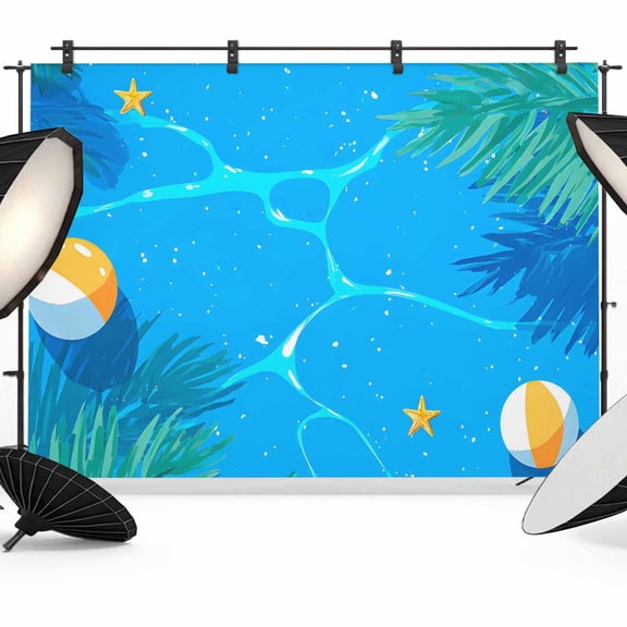 7x5ft Photo Backdrop, Summer Pool Soft Polyester Backdrop Curtains Photography Backdrops, Tropical Palm Tree Leaves Beach Blue Brushed Background for Photoshoots Studio Video Portrait Parties