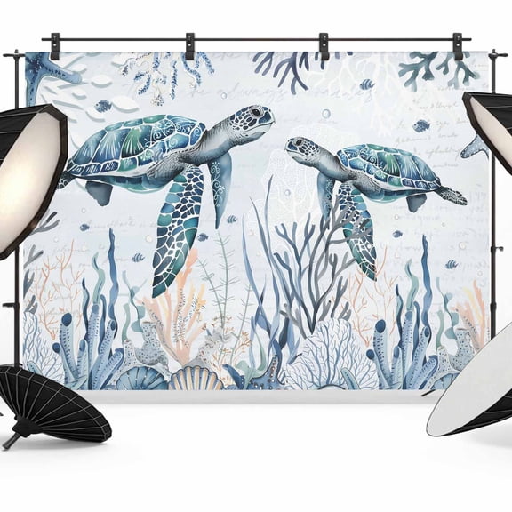 7x5ft Photo Backdrop, Summer Sea Turtle Soft Polyester Backdrop Curtains Photography Backdrops, Ocean Coastal Coral Flower Blue Brushed Background for Photoshoots Studio Video Portrait Parties