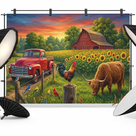 7x5ft Photo Backdrop, Sunflower Barn Soft Polyester Backdrop Curtains Photography Backdrops, Farmhouse Cow Rooster Pastoral Sunset Brushed Background for Photoshoots Studio Video Portrait Parties