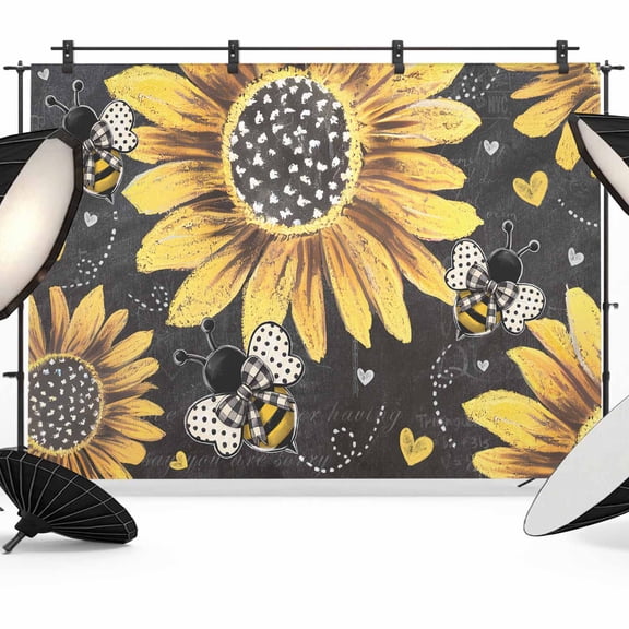 7x5ft Photo Backdrop, Sunflower Bee Soft Polyester Backdrop Curtains Photography Backdrops, Black Yellow Farm Flower Spring Summer Brushed Background for Photoshoots Studio Video Portrait Parties