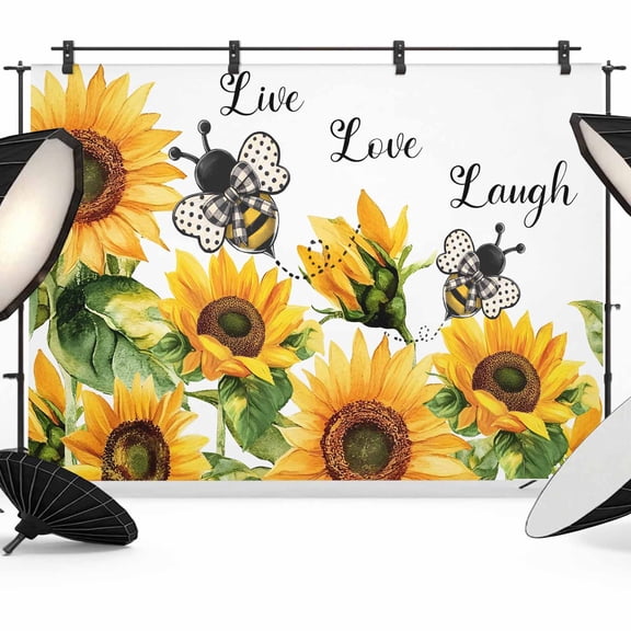7x5ft Photo Backdrop, Sunflower Bee Soft Polyester Backdrop Curtains Photography Backdrops, Vintage Yellow Floral Farmhouse Watercolor Brushed Background for Photoshoots Studio Video Portrait Parties