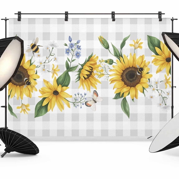 7x5ft Photo Backdrop, Sunflower Soft Polyester Backdrop Curtains Photography Backdrops, Botanical Floral Butterfly Bee Gray White Plaid Brushed Background for Photoshoots Studio Portrait Parties