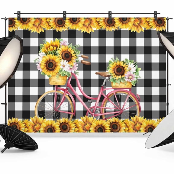 7x5ft Photo Backdrop, Sunflowers Bicycle Soft Polyester Backdrop Curtains Photography Backdrops, Summer Budding Botanical Floral Lattice Brushed Background for Photoshoots Studio Video Portrait Party