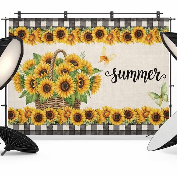 7x5ft Photo Backdrop, Sunflowers Soft Polyester Backdrop Curtains Photography Backdrops, Farmhouse Retro Flowers Butterfly Checkered Brushed Background for Photoshoots Studio Video Portrait Parties