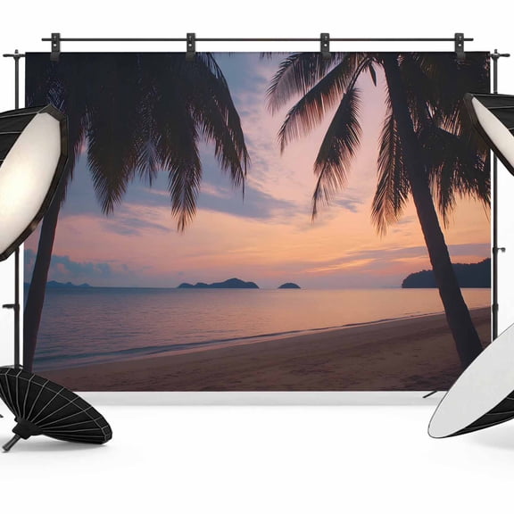 7x5ft Photo Backdrop, Sunset Summer Soft Polyester Backdrop Curtains Photography Backdrops, Seasides Palm Tree Leaves Scene Brushed Background for Photoshoots Studio Video Portrait Parties