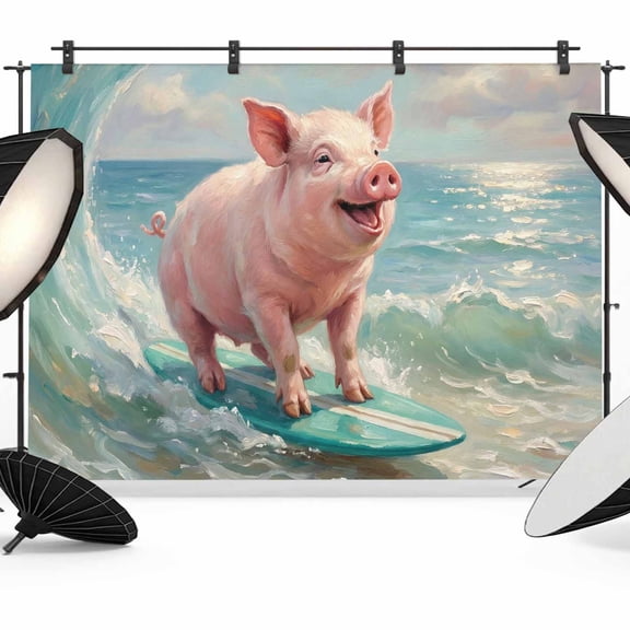 7x5ft Photo Backdrop, Surfing Pig Soft Polyester Backdrop Curtains Photography Backdrops, Oil Painting Funny Animal Beach Summer Brushed Background for Photoshoots Studio Video Portrait Parties