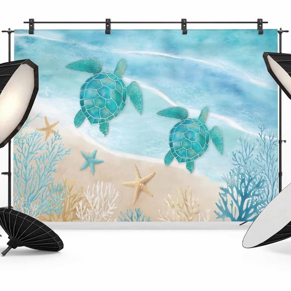 7x5ft Photo Backdrop, Teal Blue Turtle Coastal Soft Polyester Backdrop Curtains Photography Backdrops, Waves Seaside Summer Beach Ocean Brushed Background for Photoshoots Studio Video Portrait Party