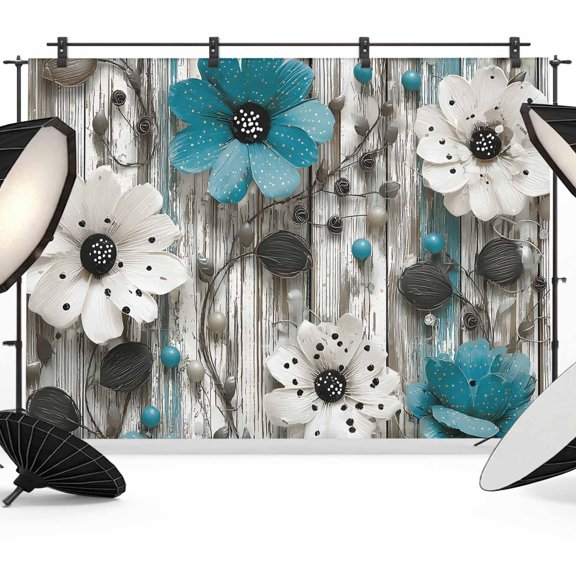 7x5ft Photo Backdrop, Teal Flowers Vintage Soft Polyester Backdrop Curtains Photography Backdrops, Wooden Spring Floral Farmhouse Art Brushed Background for Photoshoots Studio Video Portrait Parties