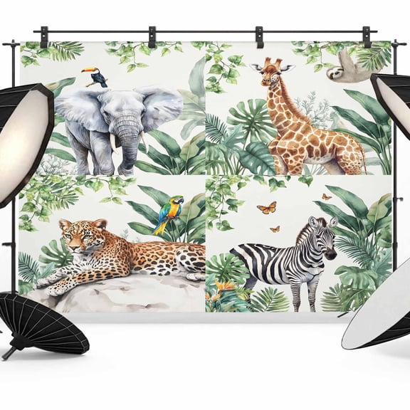7x5ft Photo Backdrop, Tropical Animals Soft Polyester Backdrop Curtains Photography Backdrops, Summer Elephant Giraffe Leopard Zebra Brushed Background for Photoshoots Studio Video Portrait Parties