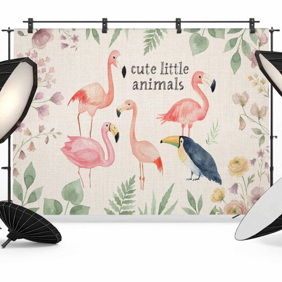 7x5ft Photo Backdrop, Tropical Flamingo Animal Soft Polyester Backdrop Curtains Photography Backdrops, Wildflowers Leaves Botanical Beige Brushed Background for Photoshoots Studio Video Portrait