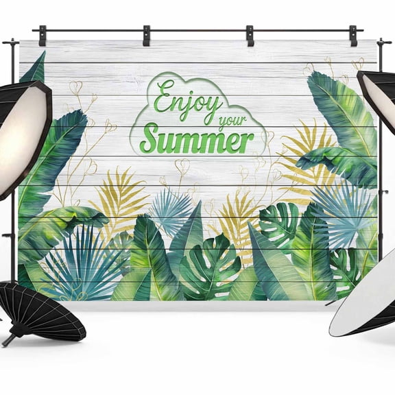 7x5ft Photo Backdrop, Tropical Leaves Soft Polyester Backdrop Curtains Photography Backdrops, Monsteral Palm Leaves Summer Plants Wooden Gray Brushed Background for Photoshoots Studio Video Portrait