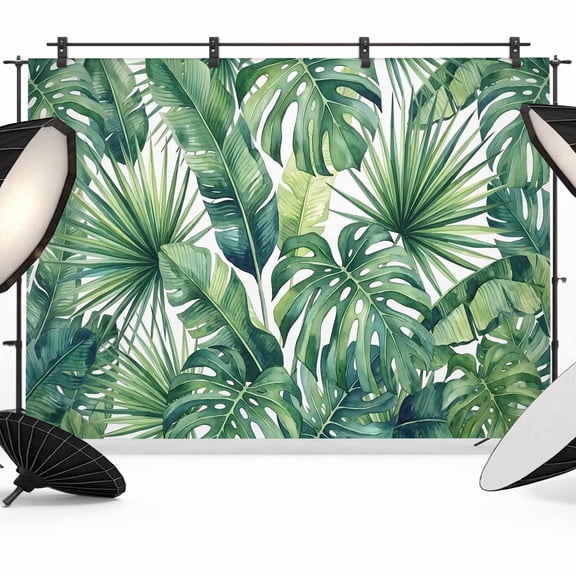 7x5ft Photo Backdrop, Tropical Monstera Leaves Soft Polyester Backdrop Curtains Photography Backdrops, Country Botanical Palm Leaf Green Brushed Background for Photoshoots Studio Video Portrait Party