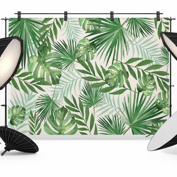 7x5ft Photo Backdrop, Tropical Palm Leaves Soft Polyester Backdrop Curtains Photography Backdrops, Green Monstera Leaf Plants Summer Beige Brushed Background for Photoshoots Studio Video Portrait