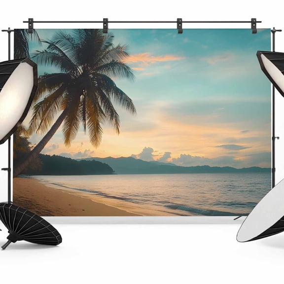 7x5ft Photo Backdrop, Tropical Palm Soft Polyester Backdrop Curtains Photography Backdrops, Coastal Sunset Tree Branch Ocean Brushed Background for Photoshoots Studio Video Portrait Parties