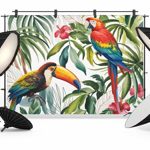 7x5ft Photo Backdrop, Tropical Parrots Soft Polyester Backdrop Curtains Photography Backdrops, Summer Watercolor Flower Green Palm Leaves Brushed Background for Photoshoots Studio Video Portrait