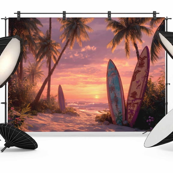 7x5ft Photo Backdrop, Tropical Pink Sunset Soft Polyester Backdrop Curtains Photography Backdrops, Beach Palm Trees Ocean Surfboard Brushed Background for Photoshoots Studio Video Portrait Parties