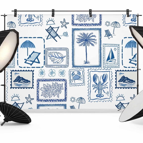 7x5ft Photo Backdrop, Tropical Plants Soft Polyester Backdrop Curtains Photography Backdrops, Summer Coastal Blue Plaid Palm Trees Brushed Background for Photoshoots Studio Video Portrait Parties