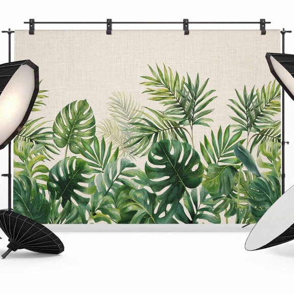 7x5ft Photo Backdrop, Tropical Plants Soft Polyester Backdrop Curtains Photography Backdrops, Summer Monstera Green Palm Leaves on Linen Brushed Background for Photoshoots Studio Video Portrait Party