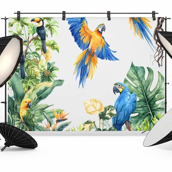 7x5ft Photo Backdrop, Tropical Toucan Parrot Soft Polyester Backdrop Curtains Photography Backdrops, Summer Palm Leaf Watercolor Brushed Background for Photoshoots Studio Video Portrait Parties