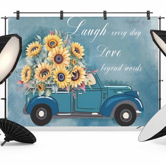 7x5ft Photo Backdrop, Truck Sunflowers Soft Polyester Backdrop Curtains Photography Backdrops, Blue Ombre Spring Botanical Floral Car Brushed Background for Photoshoots Studio Video Portrait Parties