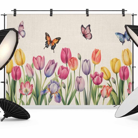 7x5ft Photo Backdrop, Tulips Spring Floral Soft Polyester Backdrop Curtains Photography Backdrops, Pastoral Flowers Butterfly Rustic Brushed Background for Photoshoots Studio Video Portrait Parties