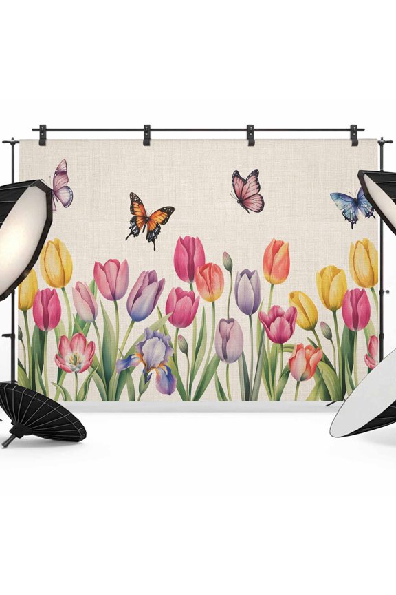 7x5ft Photo Backdrop, Tulips Spring Floral Soft Polyester Backdrop Curtains Photography Backdrops, Pastoral Flowers Butterfly Rustic Brushed Background for Photoshoots Studio Video Portrait Parties