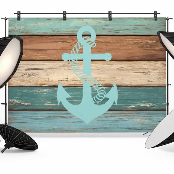 7x5ft Photo Backdrop, Turquoise Anchor Soft Polyester Backdrop Curtains Photography Backdrops, Nautical Brown Green Retro Wood Grain Brushed Background for Photoshoots Studio Video Portrait Parties