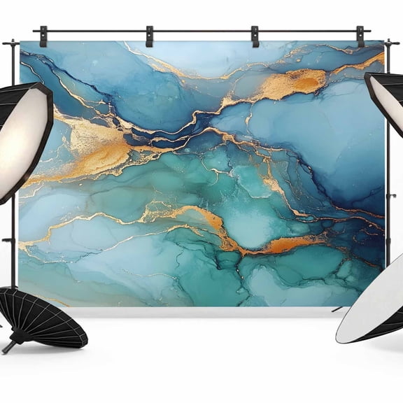 7x5ft Photo Backdrop, Turquoise Blue Soft Polyester Backdrop Curtains Photography Backdrops, Modern Teal Gold Marble Textured Brushed Background for Photoshoots Studio Video Portrait Parties