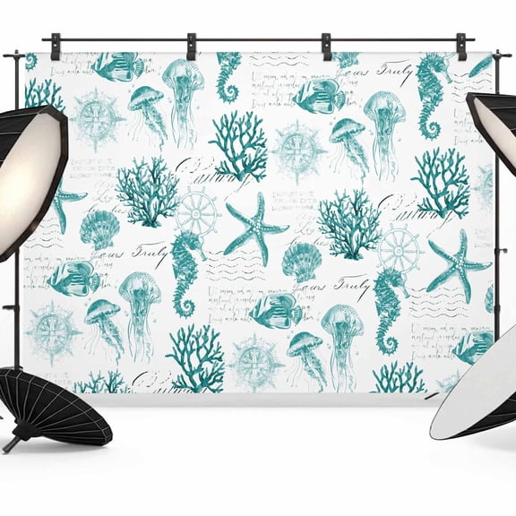 7x5ft Photo Backdrop, Turquoise Coastal Soft Polyester Backdrop Curtains Photography Backdrops, Nautical Starfish Jellyfish Rudder Brushed Background for Photoshoots Studio Video Portrait Parties