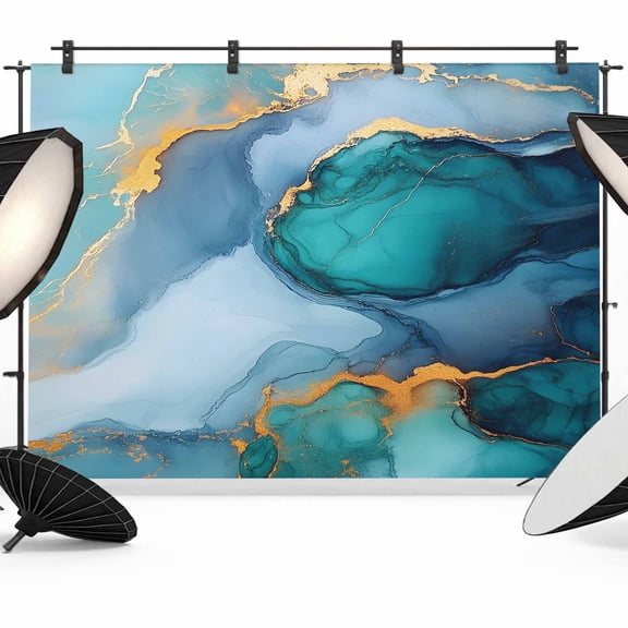 7x5ft Photo Backdrop, Turquoise Gold Soft Polyester Backdrop Curtains Photography Backdrops, Modern Teal Blue Marble Textured Brushed Background for Photoshoots Studio Video Portrait Parties