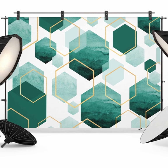 7x5ft Photo Backdrop, Turquoise Marble Soft Polyester Backdrop Curtains Photography Backdrops, Gold White Geometric Hexagon Modern Brushed Background for Photoshoots Studio Video Portrait Parties