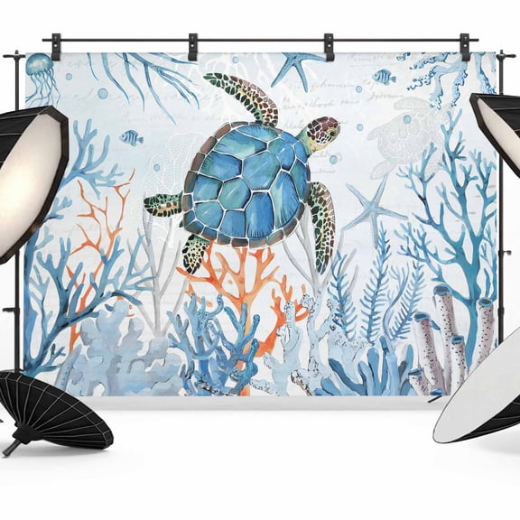 7x5ft Photo Backdrop, Turtle Soft Polyester Backdrop Curtains Photography Backdrops, Blue Coastal Starfish Ocean Coral Nautical Brushed Background for Photoshoots Studio Video Portrait Parties