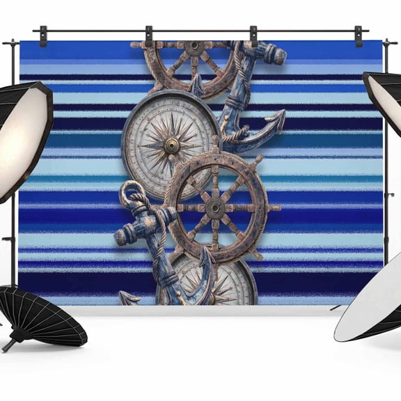 7x5ft Photo Backdrop, Vintage Anchor Nautical Soft Polyester Backdrop Curtains Photography Backdrops, Coastal Blue Striped Brushed Background for Photoshoots Studio Video Portrait Parties