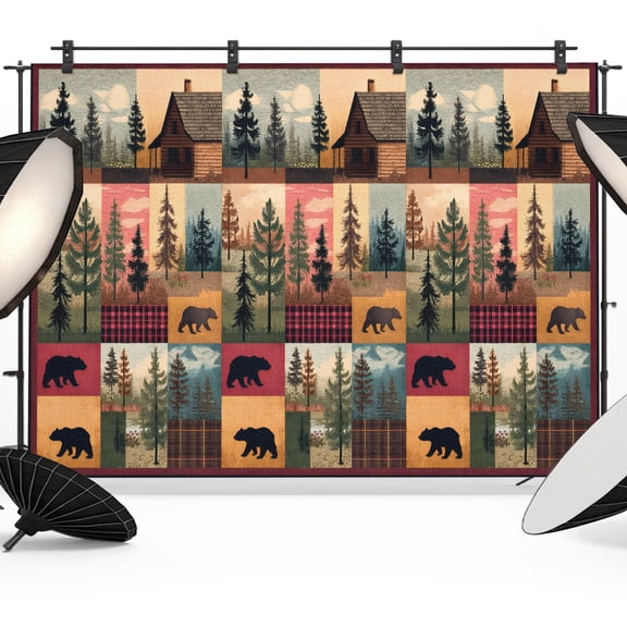 7x5ft Photo Backdrop, Vintage Checkered Bear Cabin Soft Polyester Backdrop Curtains Photography Backdrops, Forest Animals Retro Art Tree Brushed Background for Photoshoots Studio Video Portrait Party