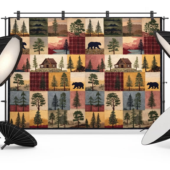 7x5ft Photo Backdrop, Vintage Checkered Forest Soft Polyester Backdrop Curtains Photography Backdrops, Bear Cabin Trees Barn Animals Retro Art Brushed Background for Photoshoots Studio Video Portrait