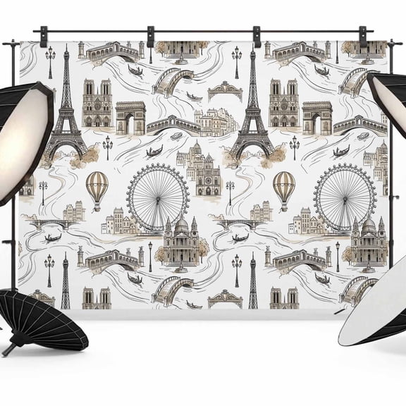 7x5ft Photo Backdrop, Vintage Eiffel Tower Soft Polyester Backdrop Curtains Photography Backdrops, Buildings Ferris Wheel Bridge Retro Rustic Brushed Background for Photoshoots Studio Video Portrait