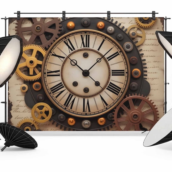 7x5ft Photo Backdrop, Vintage Gear Clocks Soft Polyester Backdrop Curtains Photography Backdrops, Modern Retro Mechanical Clocks Brushed Background for Photoshoots Studio Video Portrait Parties