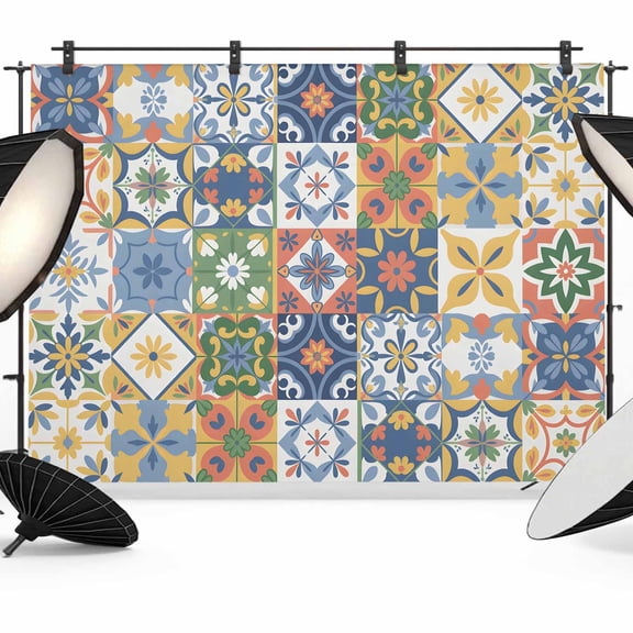 7x5ft Photo Backdrop, Vintage Mediterranean Soft Polyester Backdrop Curtains Photography Backdrops, Blue and Yellow Tiles Texture Brushed Background for Photoshoots Studio Video Portrait Parties