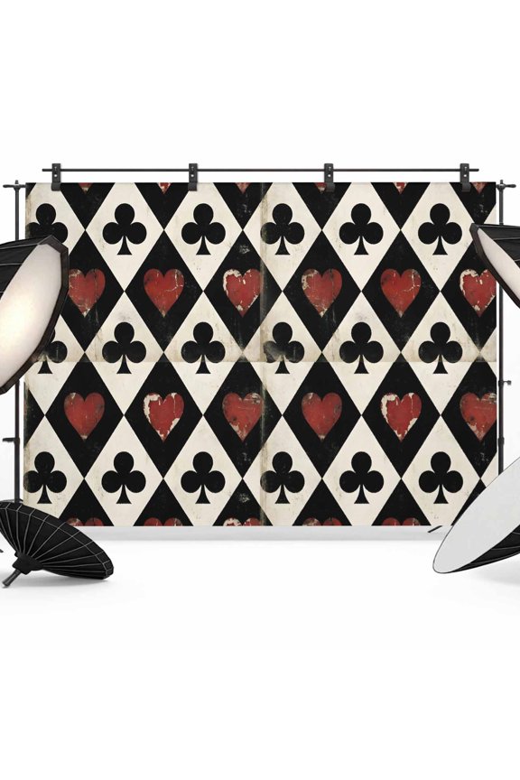 7x5ft Photo Backdrop, Vintage Playing Cards Soft Polyester Backdrop Curtains Photography Backdrops, Black Plum Bossom Red Love Hearts Brushed Background for Photoshoots Studio Video Portrait Parties