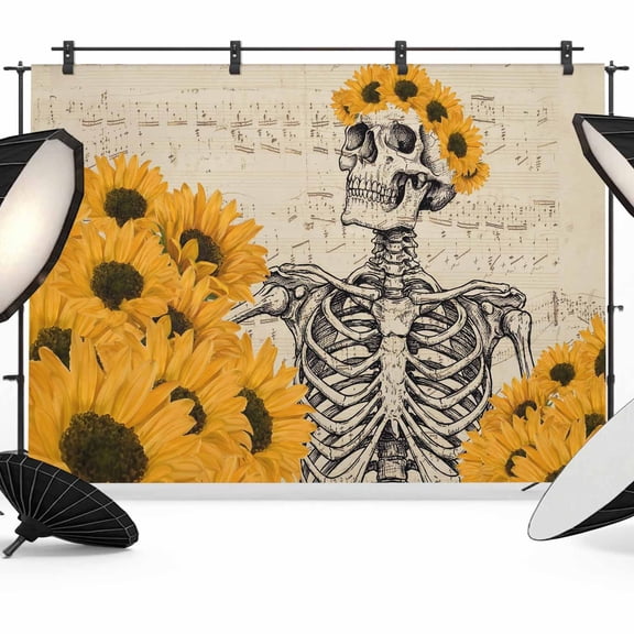 7x5ft Photo Backdrop, Vintage Sunflowers Skull Soft Polyester Backdrop Curtains Photography Backdrops, Retro Art Flowers Skeleton Brushed Background for Photoshoots Studio Video Portrait Parties