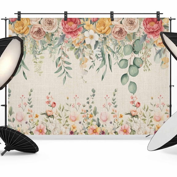 7x5ft Photo Backdrop, Watercolor Floral Soft Polyester Backdrop Curtains Photography Backdrops, Spring Roses Eucalyptus Leaf Plants Beige Brushed Background for Photoshoots Studio Portrait Parties