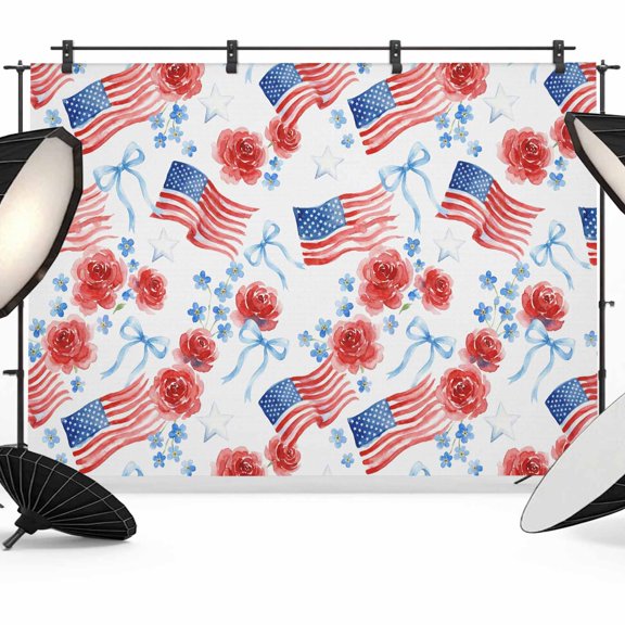 7x5ft Photo Backdrop, Watercolor Floral USA Flag Soft Polyester Backdrop Curtains Photography Backdrops, Independence Day Blue Bow Brushed Background for Photoshoots Studio Video Portrait Parties