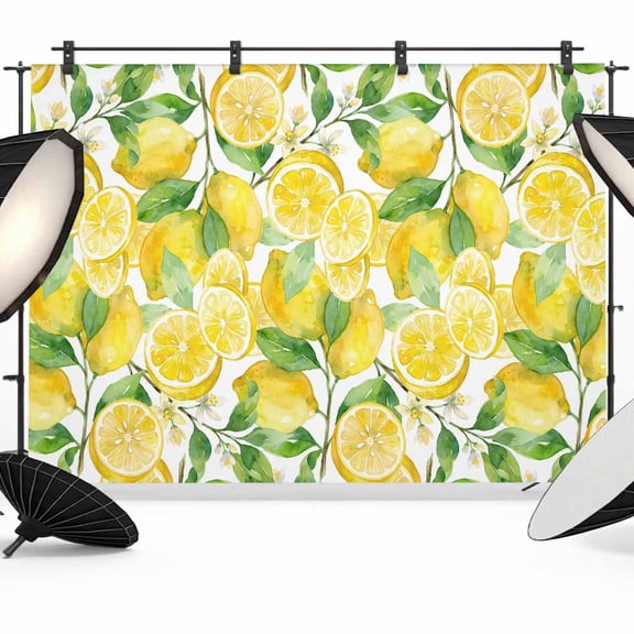 7x5ft Photo Backdrop, Watercolor Lemon Filling Soft Polyester Backdrop Curtains Photography Backdrops, Summer Botanical Leaves Brushed Background for Photoshoots Studio Video Portrait Parties